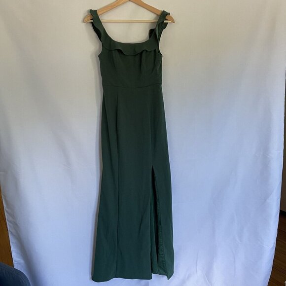 Azazie women's size A4 green maxi dress frilled sleeves bridesmaid slit formal - Picture 1 of 7